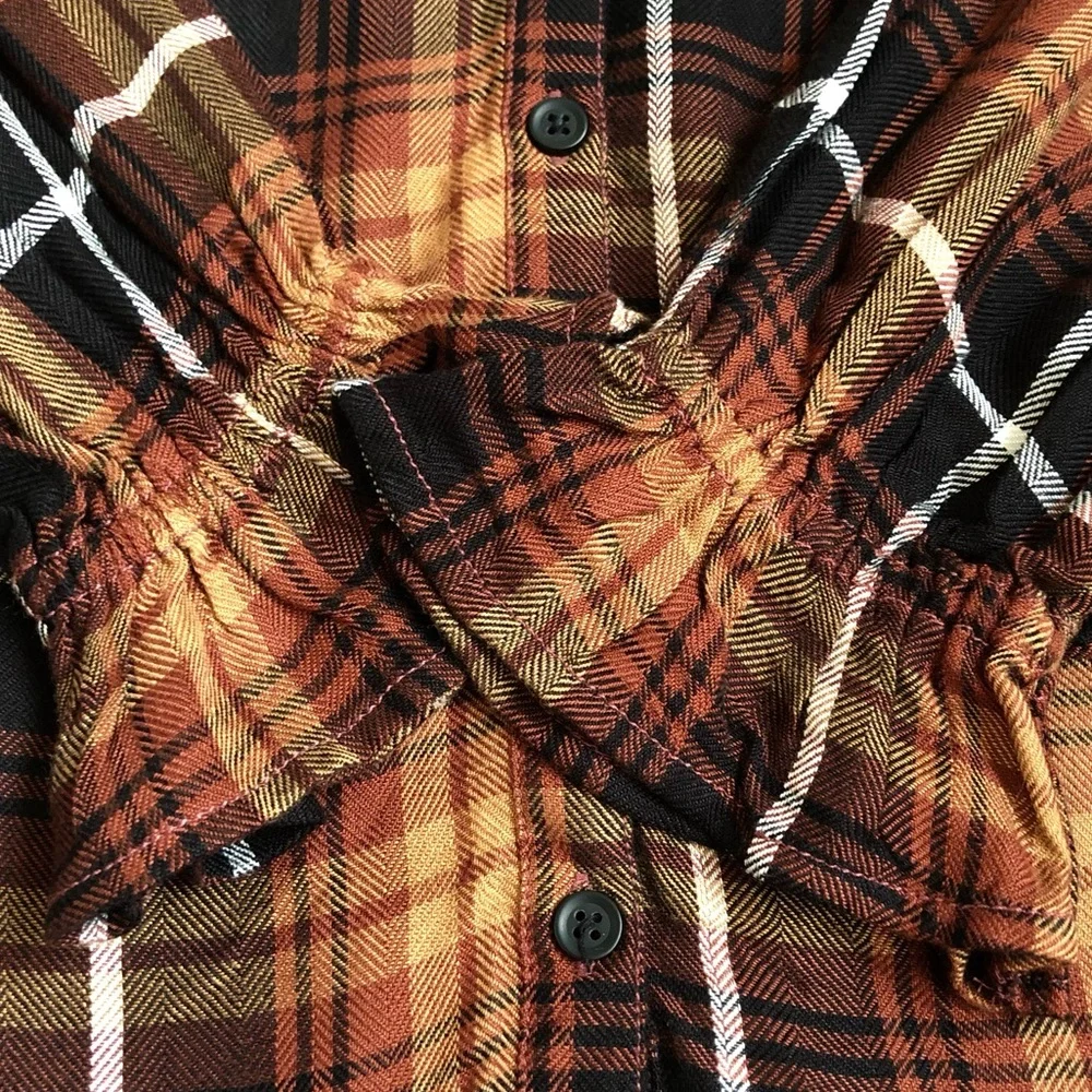 NWT beachlunchlounge Brown / Black Plaid Ruffle Cuff Top Size XS - Picture 5 of 9